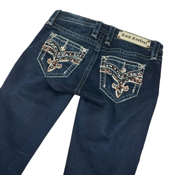 New Rock Revival Bling Jean Size 24 Mid Rise Skinny Stretch Nicci Dark Wash Read - Picture 10 of 14